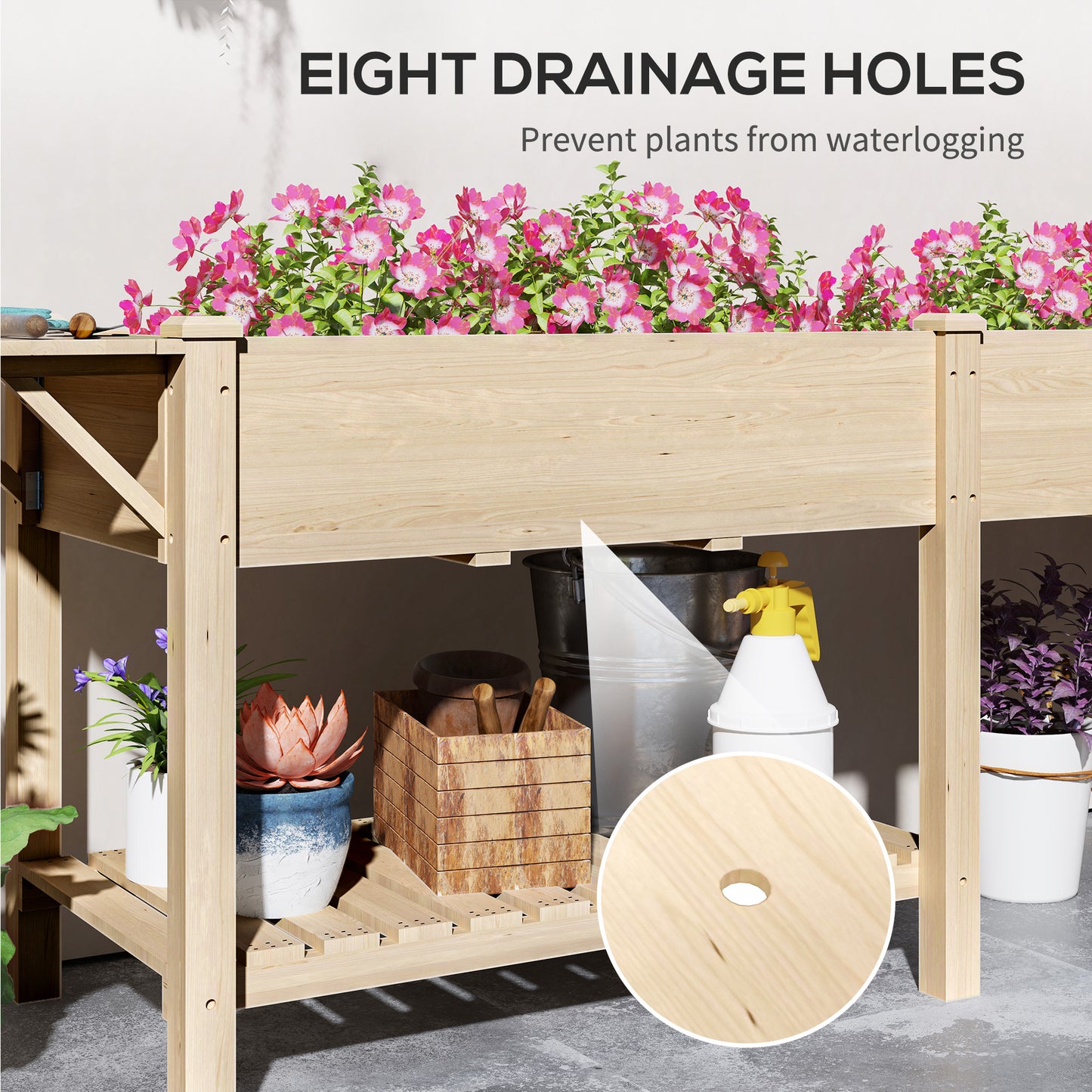 Outsunny Raised Garden Bed, Wood Planter Box with Side Table, Bottom Shelf, Bed Liners and Drainage Holes, Natural