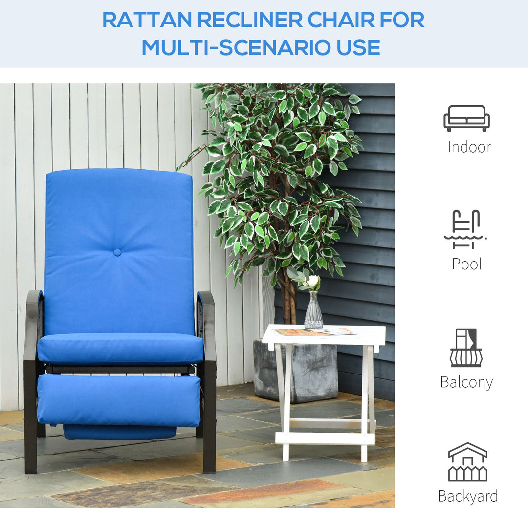 Outsunny Outdoor Rattan Recliner Chair, Wicker Reclining Chair with Adjustable Back Retractable Footrest Cushion Blue