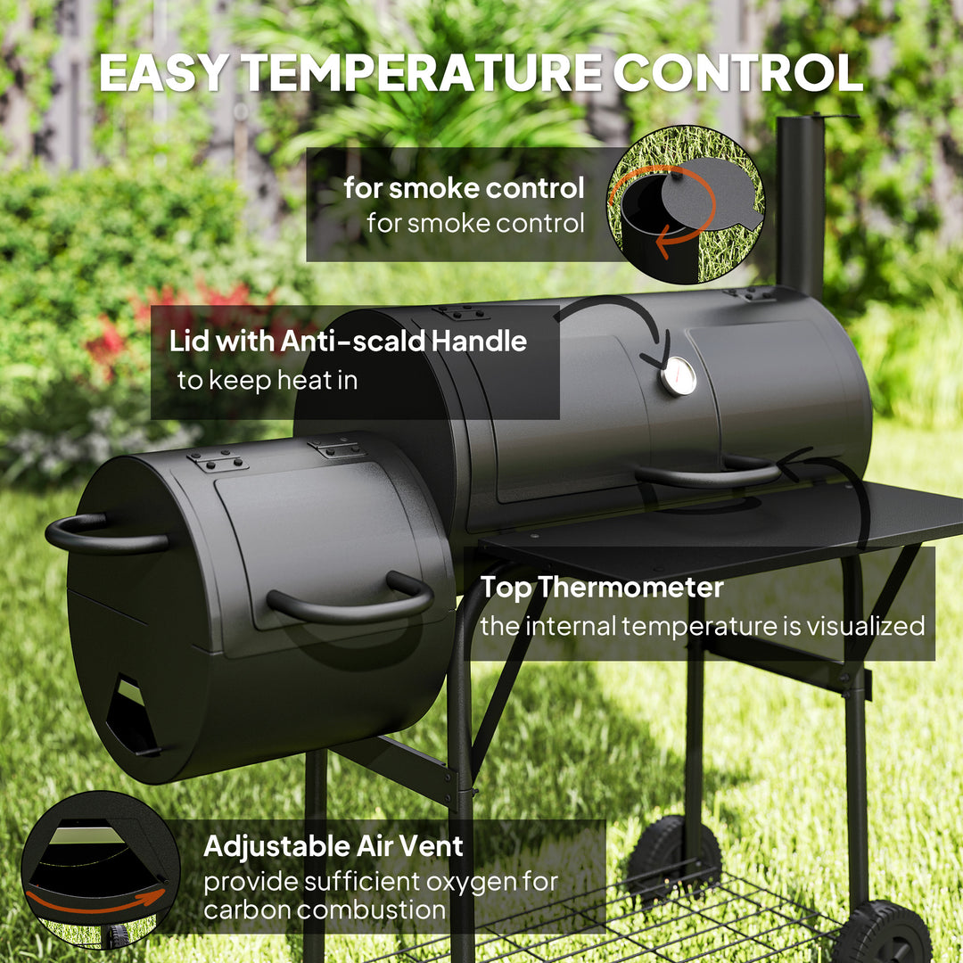 Outsunny Portable Outdoor Charcoal BBQ Grill with Offset Smoker, Barbecue Grill with Spacious Cooking Area, 2 Shelves, Thermometer, Wheels for Patio Backyard Party, Black