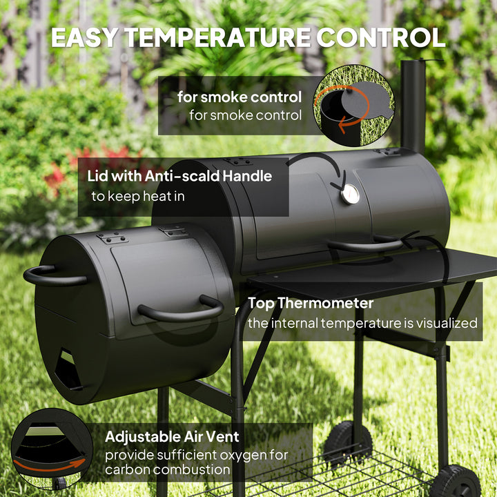 Outsunny Portable Outdoor Charcoal BBQ Grill with Offset Smoker, Barbecue Grill with Spacious Cooking Area, 2 Shelves, Thermometer, Wheels for Patio Backyard Party, Black