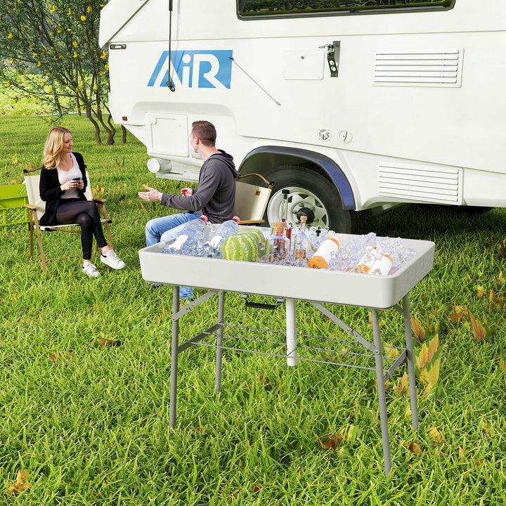 Outsunny 3.4ft Folding Ice Cooler Table with Drain, Outdoor Patio Party Cooler for Drinks, Fishing Cleaning Table with Storage Shelf for Picnic BBQ Camping Wedding, White