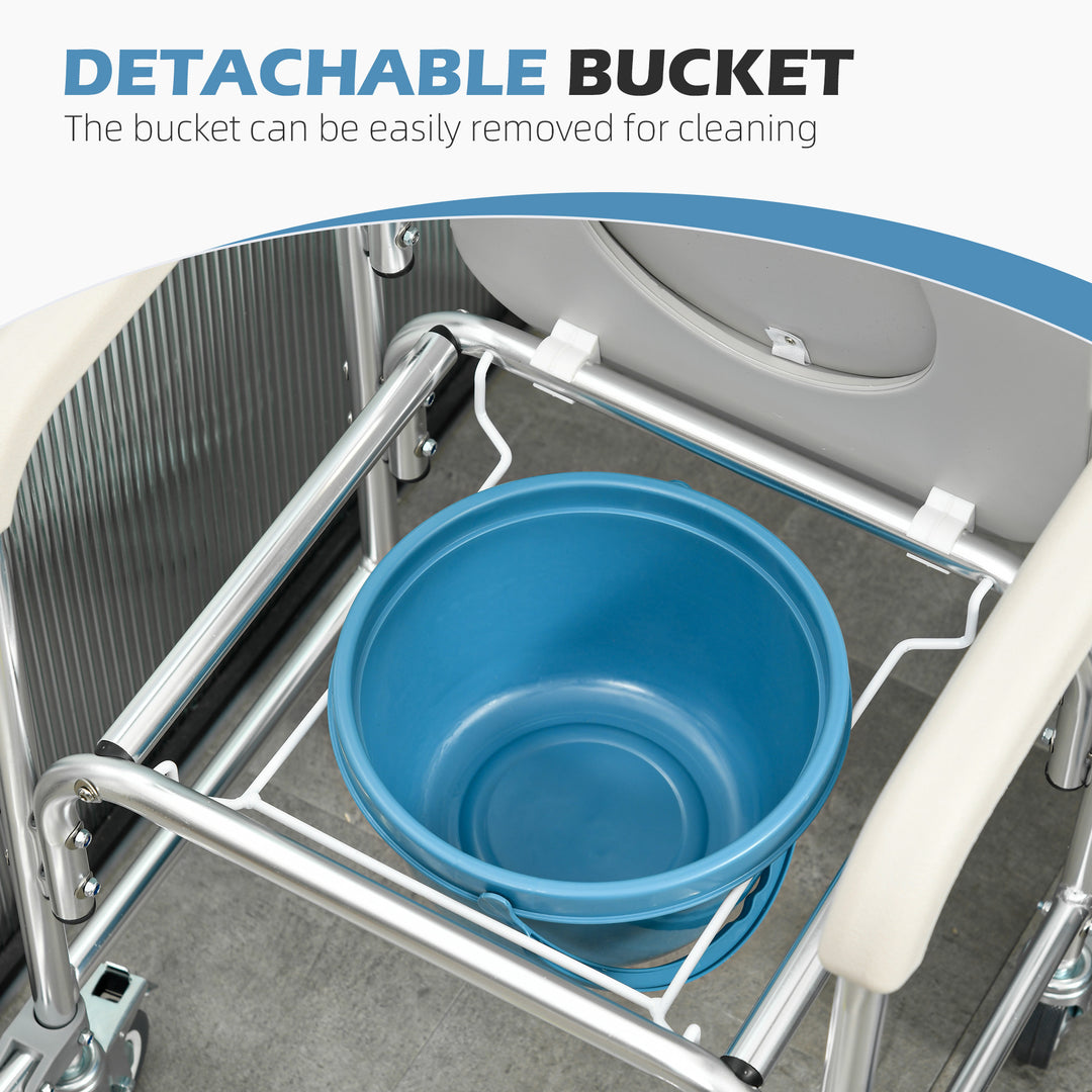 HOMCOM 3-in-1 Shower Commode Wheelchair, Transport Beside Commode Chair with Padded Seat for the Elderly, Disabled