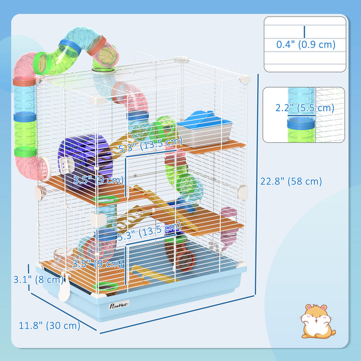 PawHut 5 Tiers Hamster Cage Portable with Exercise Wheels Play Tube Water Bottle Dishes House Ladder for Gerbils, Light Blue