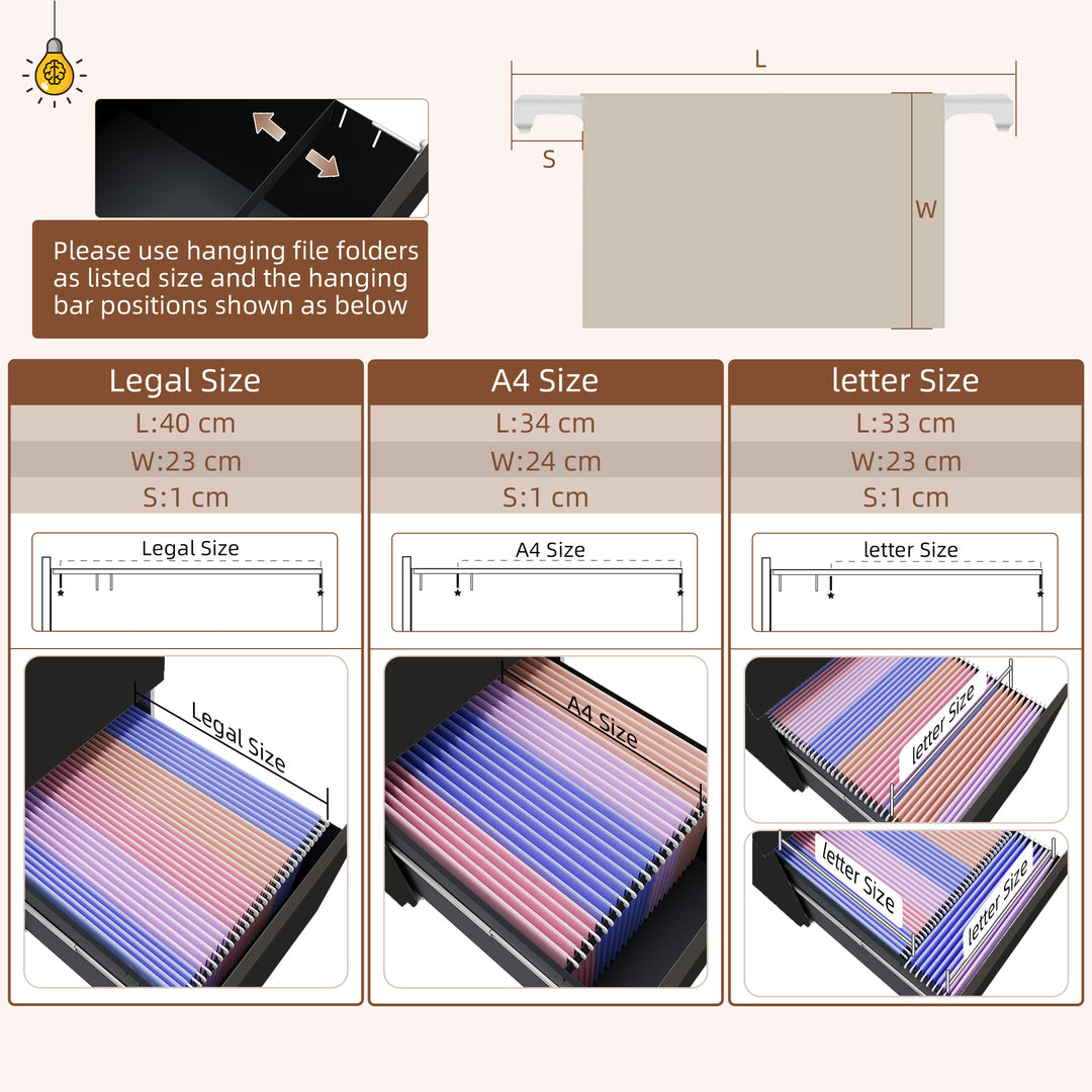Vinsetto Vertical Steel Filing Cabinet on Wheels, 3-Drawer Lockable File Cabinet with Adjustable Hanging Bar for A4, Legal and Letter Size, Black