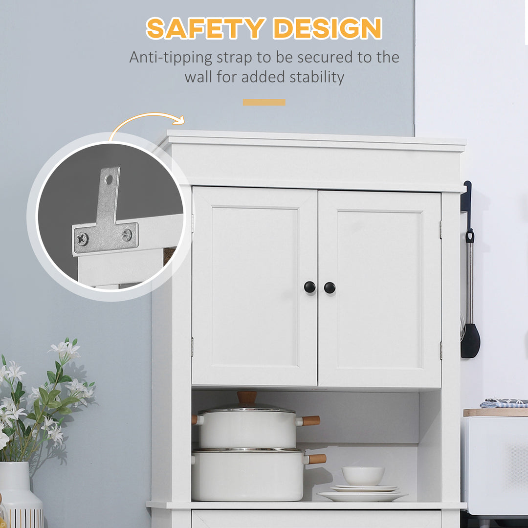 HOMCOM Modern Freestanding Kitchen Pantry Cabinet Cupboard with Doors Open Shelves Adjustable Shelving Microwave Space, White
