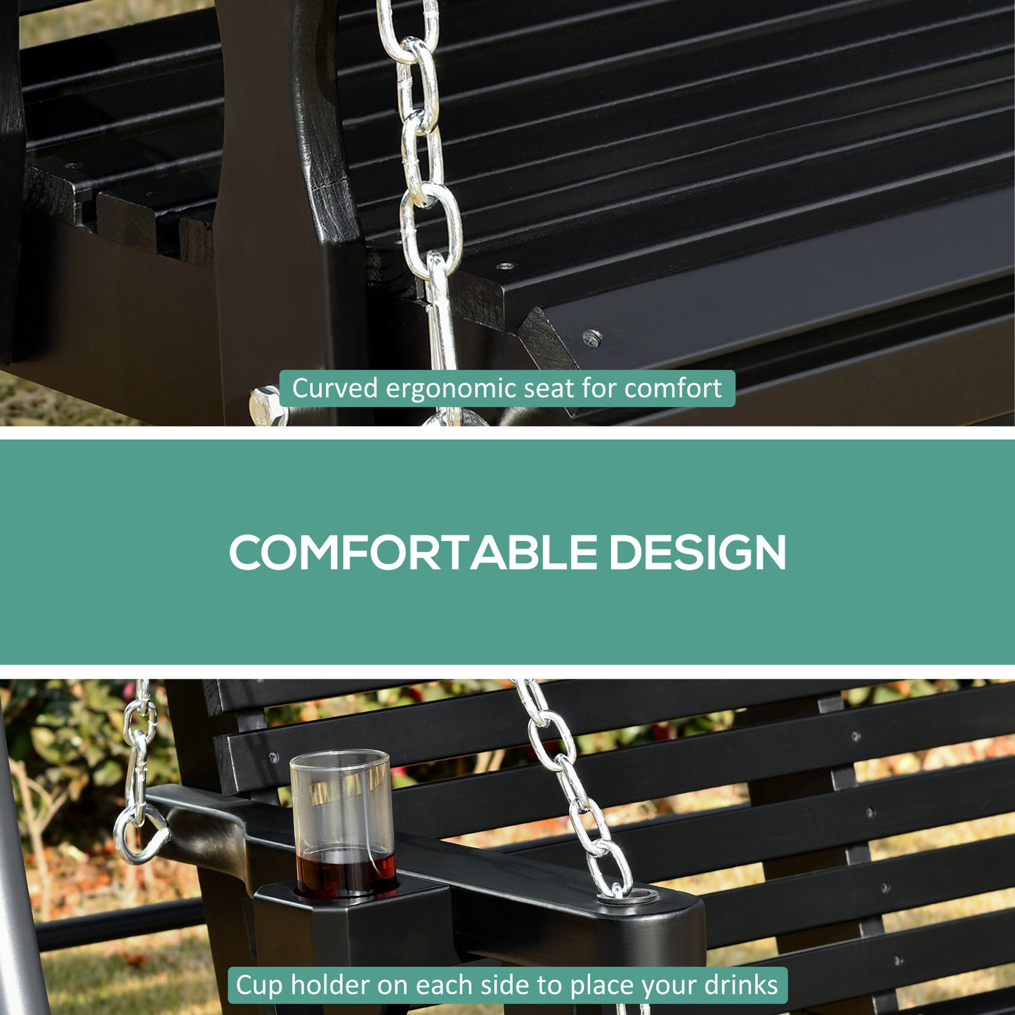 Outsunny 2 Seater Porch Swing Wooden Patio Swing Chair Seat with Cup Holder and Chains Outdoor Swing Bench for Garden Yard, Black