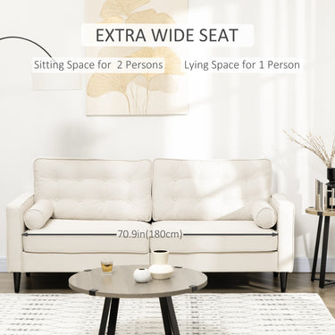 HOMCOM Mid-Century Sofa, Couch with Button-Tufted Back Cushion, Velvet Feel Fabric Upholstery, 2 Cylindrical Pillows and Rubber Wood Legs for Living Room, Cream White