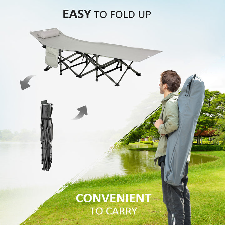Outsunny Folding Camping Cot with Mattress & Pillow, Double Layer Oxford Heavy Duty Sleeping Cot with Carry Bag Light Grey