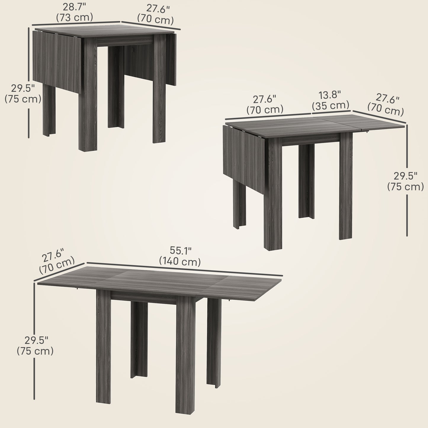 HOMCOM Folding Dining Table, Extendable Kitchen Table for Small Space, Drop Leaf Table for 2-4 People, Grey