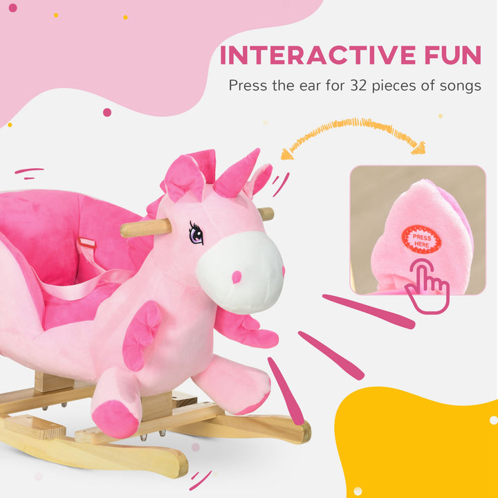 Qaba Baby Rocking Horse Ride On Unicorn with Songs, Toddler Rocker Toy with Wooden Base Seat Safety Belt for 1.5-3 Year Old, Pink