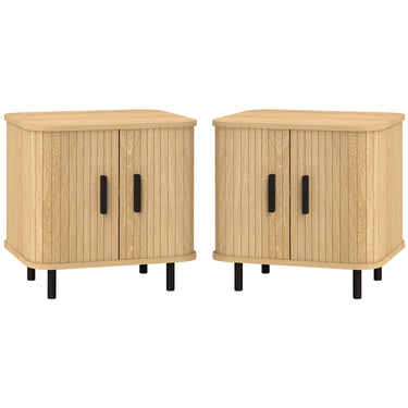HOMCOM Nightstand Set of 2, Side Table with Shutter Doors, Sofa End Table with Steel Frame, for Bedroom, Living Room, Oak