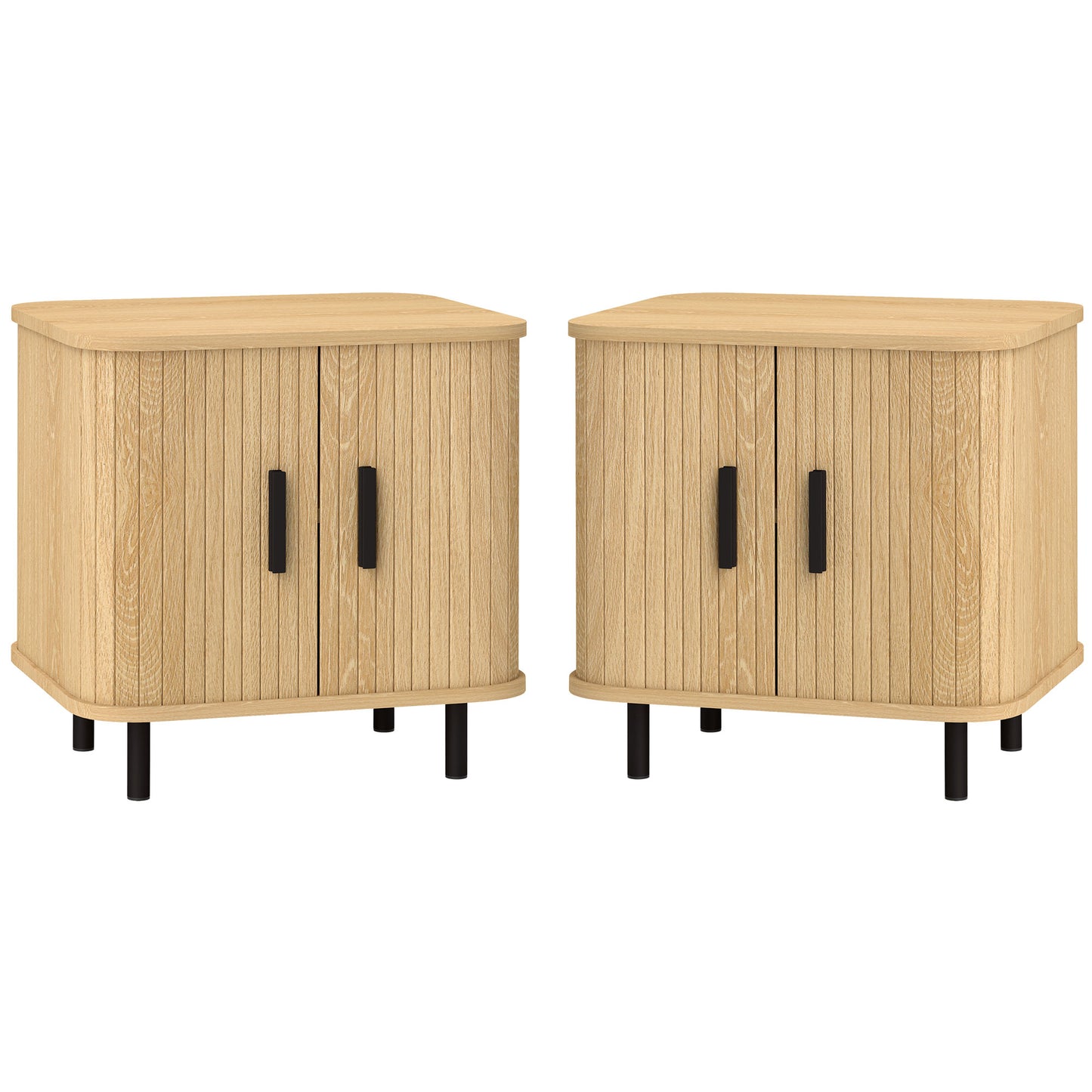 HOMCOM Nightstand Set of 2, Side Table with Shutter Doors, Sofa End Table with Steel Frame, for Bedroom, Living Room, Oak