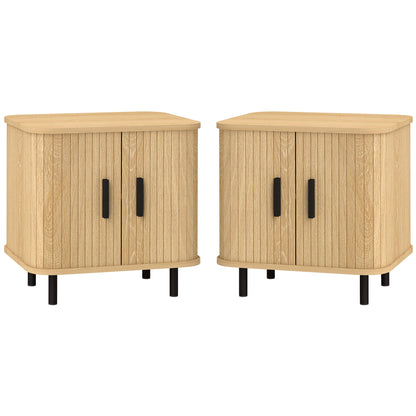 HOMCOM Nightstand Set of 2, Side Table with Shutter Doors, Sofa End Table with Steel Frame, for Bedroom, Living Room, Oak