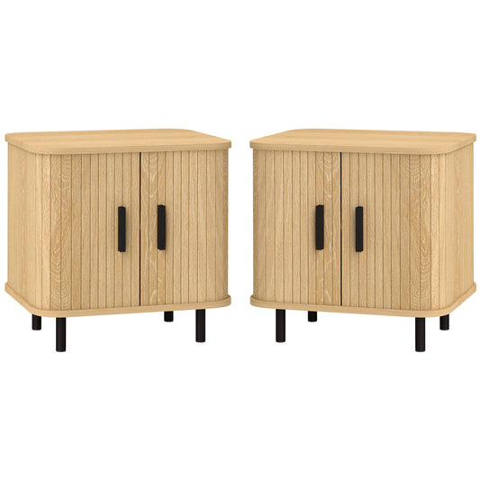 HOMCOM Nightstand Set of 2, Side Table with Shutter Doors, Sofa End Table with Steel Frame, for Bedroom, Living Room, Oak