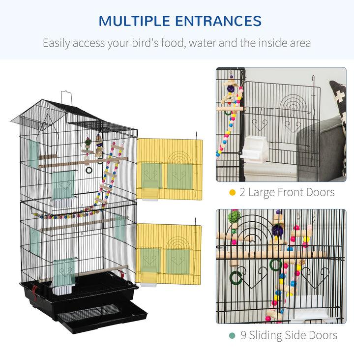 PawHut 39" Bird Cage for Budgie, Cockatiel, Conure, Small Birds, with Ladder, Swing, Toys, Perches, Tray, Feeding Bowls, Handle