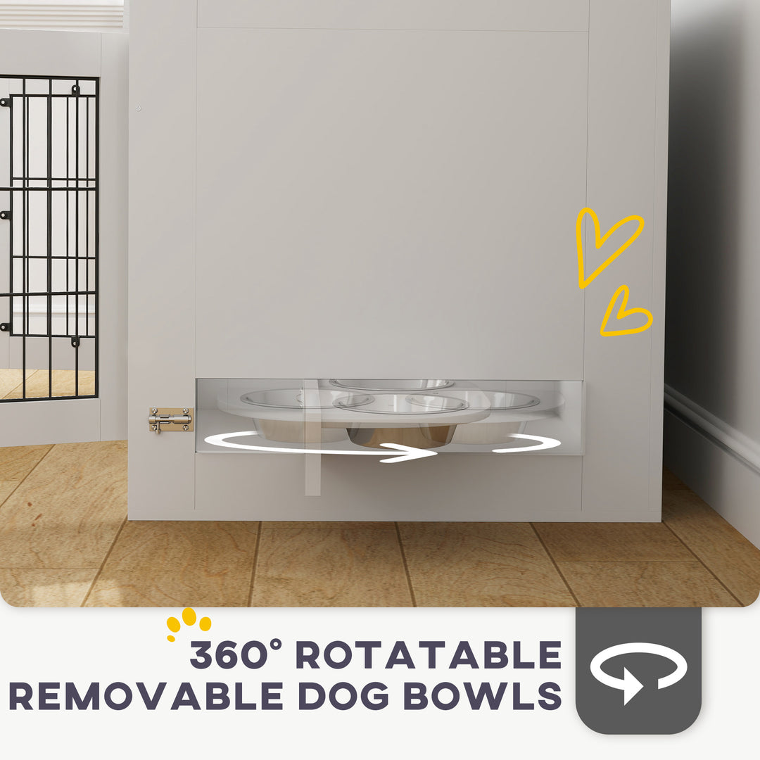 PawHut Dog Crate Furniture with 360° Rotatable Removable Dog Bowls, Two Doors, for Medium Dogs, 31.5" x 24" x 25", White