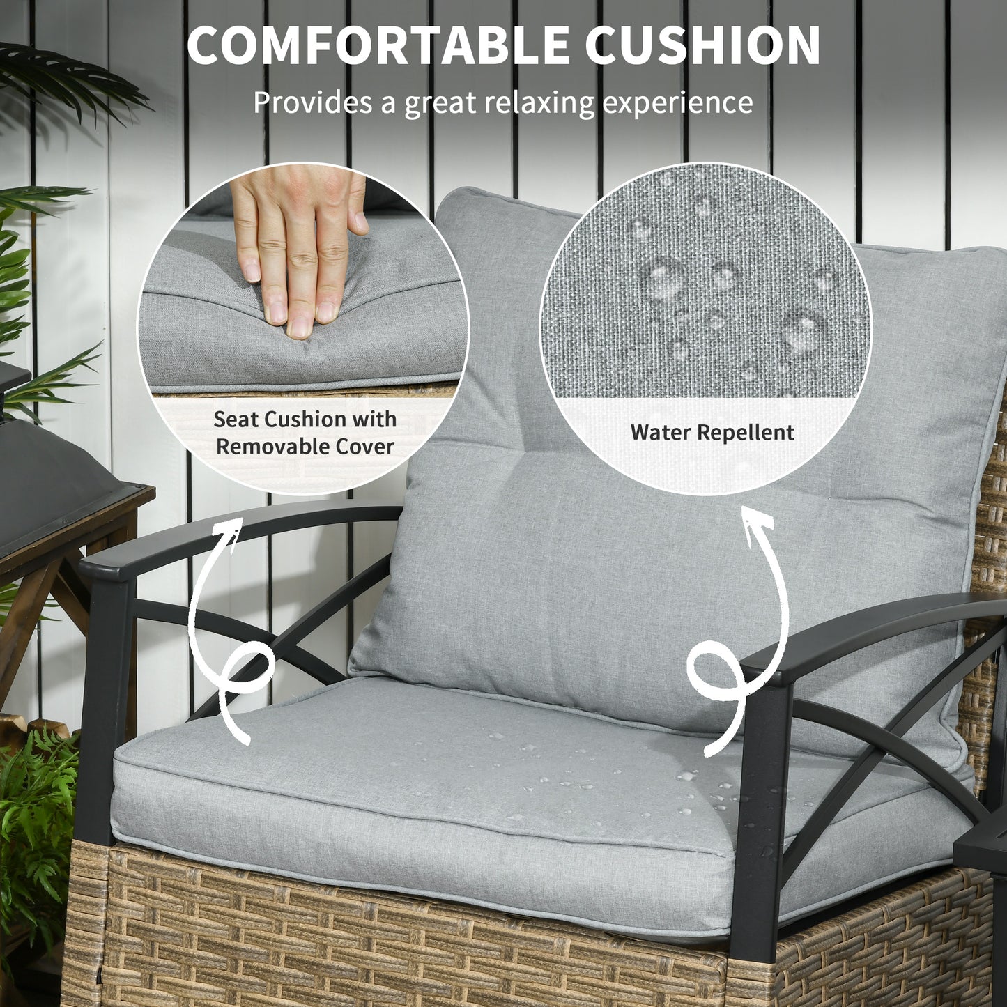 Outsunny 3 Pcs Outdoor PE Rattan Rocking Chair Set, Bistro Set with Two-tier Table, Padded Cushions for Garden, Dark Blue