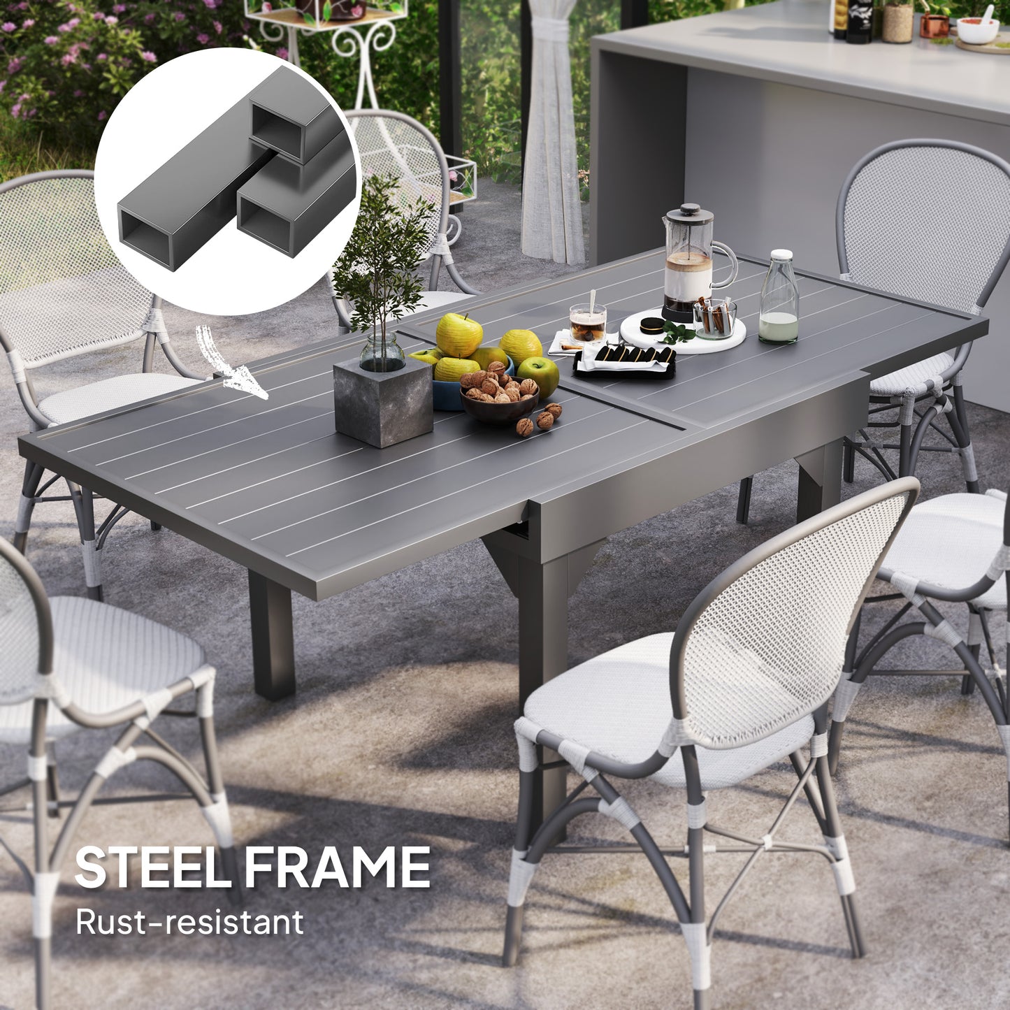 Outsunny 35"-71"  Extendable Aluminium Outdoor Dining Table, Slatted Top Patio Table for 4-6 Person, for Garden, Backyard, Grey