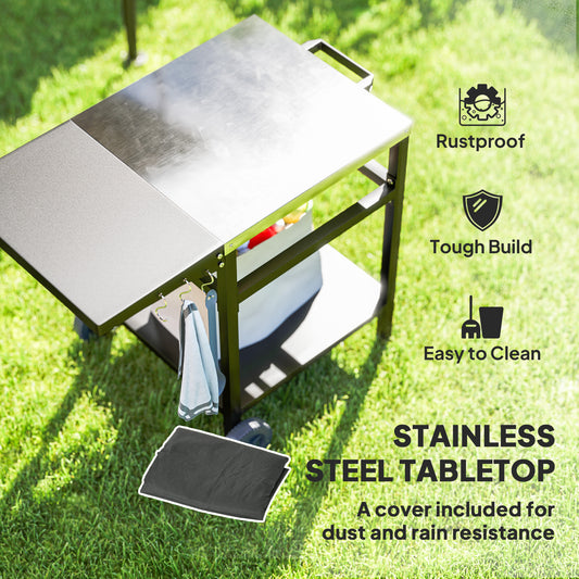 Outsunny Outdoor Grill Dining Cart with Stainless Steel Top and Foldable Side Table, BBQ Movable Pizza Oven Stand Food Prep Table Trolley with Hooks Shelf Cover, Black