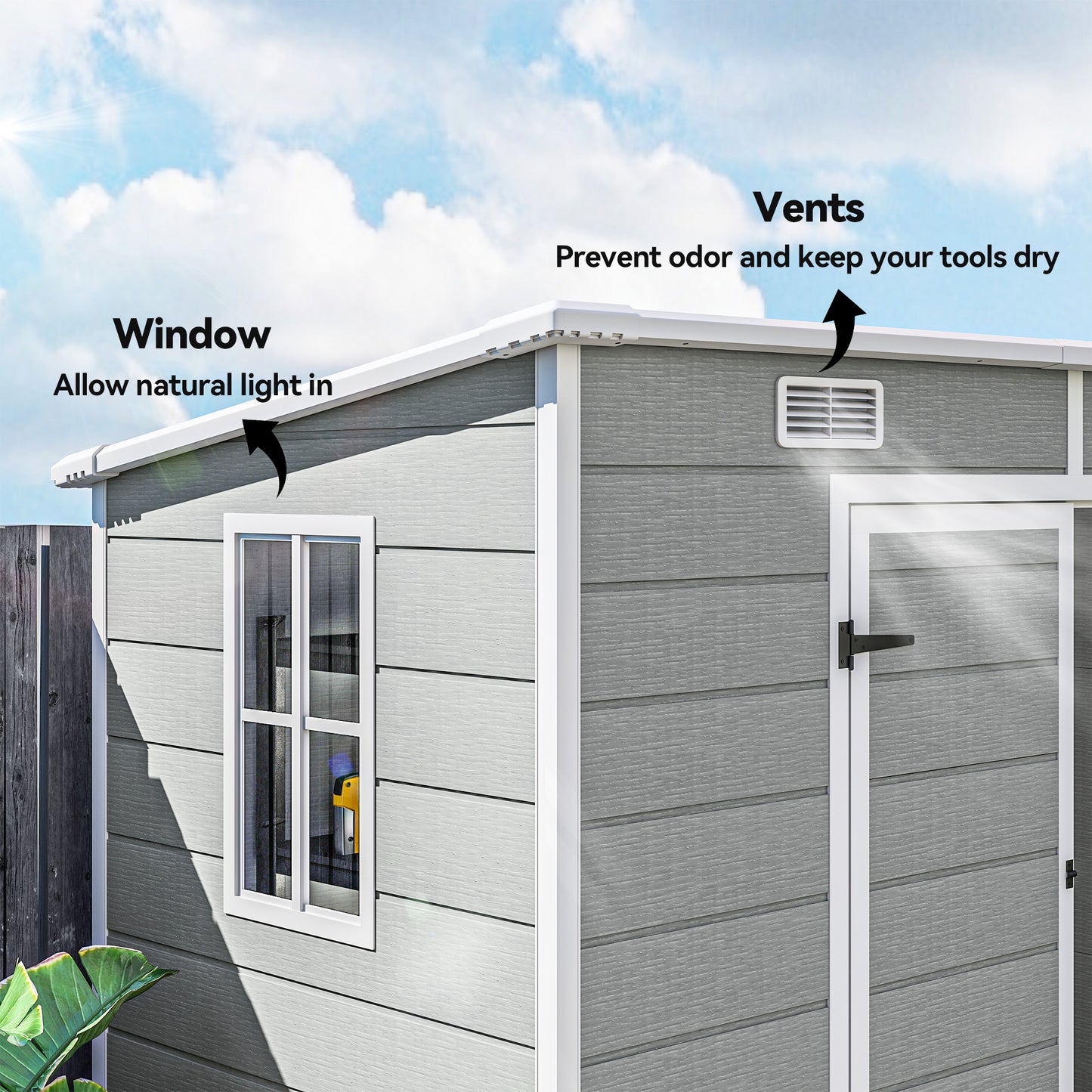 Outsunny 8' x 4' Resin Outdoor Storage Shed with Floor, Window, Lockable Doors and Vents for Backyard Patio Lawn, Light Grey