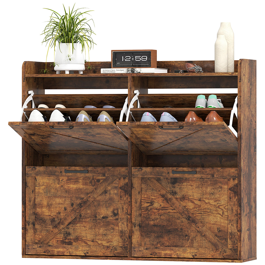 HOMCOM Narrow Shoe Storage Cabinet with 4 Flip Drawers, Adjustable Shelves, 16 Pair Farmhouse Shoe Cabinet, Rustic Brown
