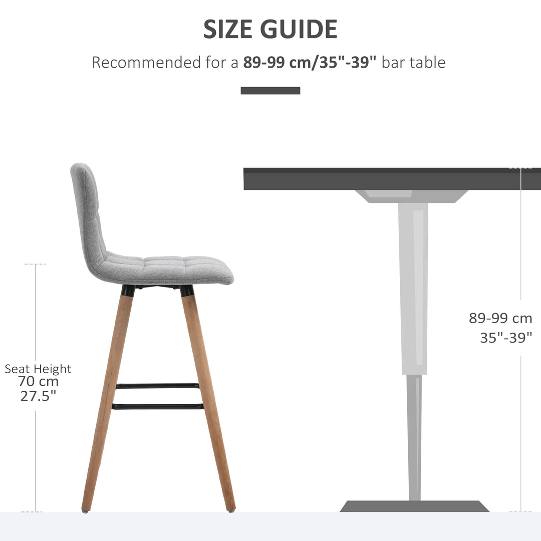 HOMCOM Modern Bar Stools Set of 2, 38" Upholstered Kitchen Island Stool with Solid Wood Legs, Grey