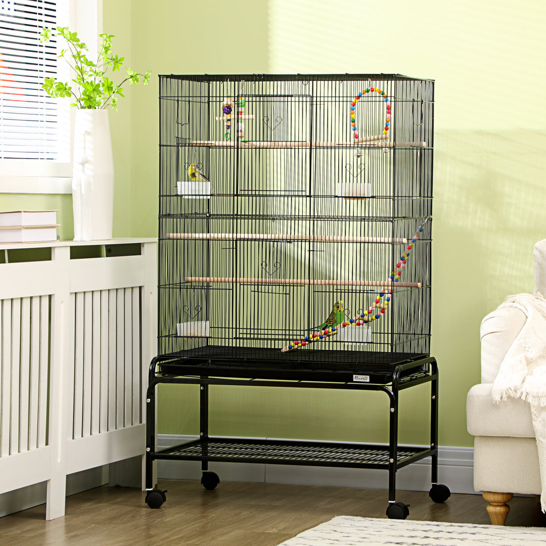 PawHut 52" Bird Cage with Rolling Stand, Toys, for Budgies Canaries Black