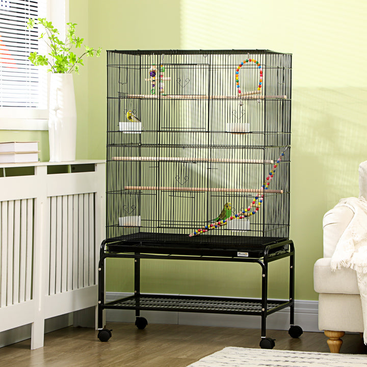 PawHut 52" Bird Cage with Rolling Stand, Toys, for Budgies Canaries Black