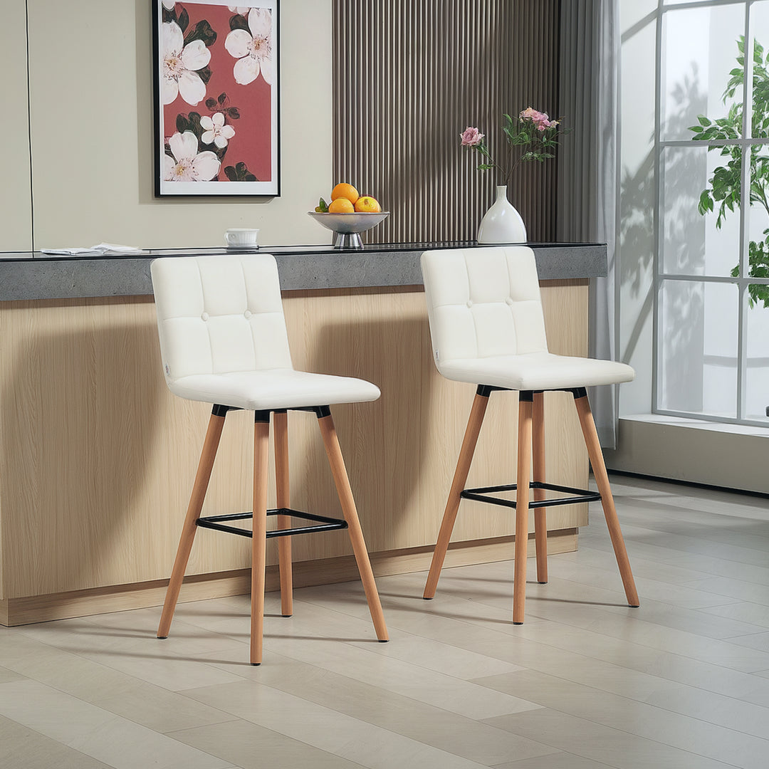 HOMCOM Modern Bar Stools Set of 2, 38" Upholstered Kitchen Island Stool with Solid Wood Legs, Grey