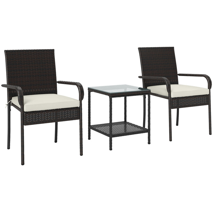 Outsunny 3 Piece Wicker Patio Furniture Set with Stackable Chairs, Washable Cushion, Tempered Glass Top, for Backyard, Brown
