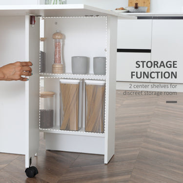 HOMCOM Extendable Dining Table, Collapsible Folding Table w/ 2-tier Shelves and Rolling Casters, White