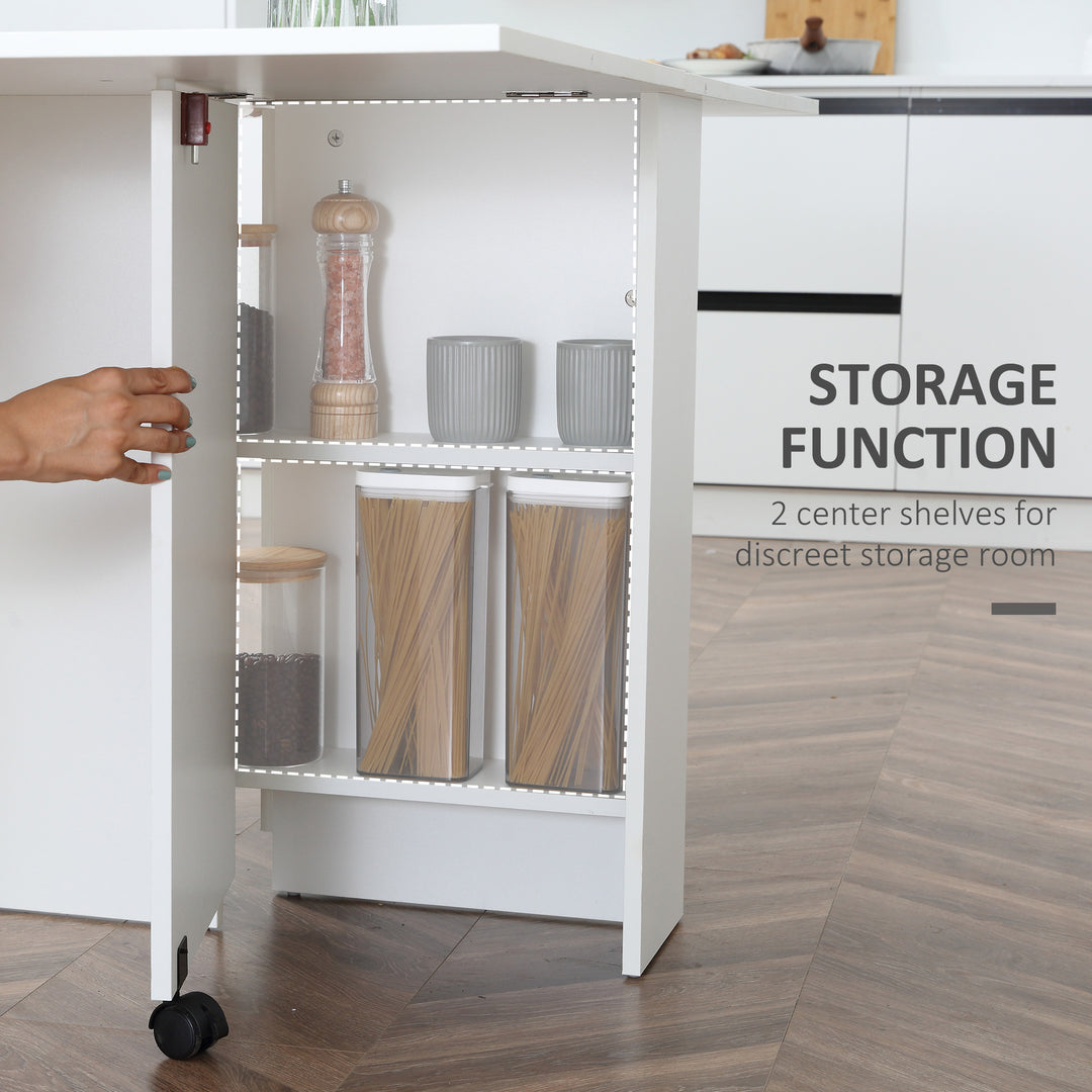 HOMCOM Extendable Dining Table, Collapsible Folding Table w/ 2-tier Shelves and Rolling Casters, White