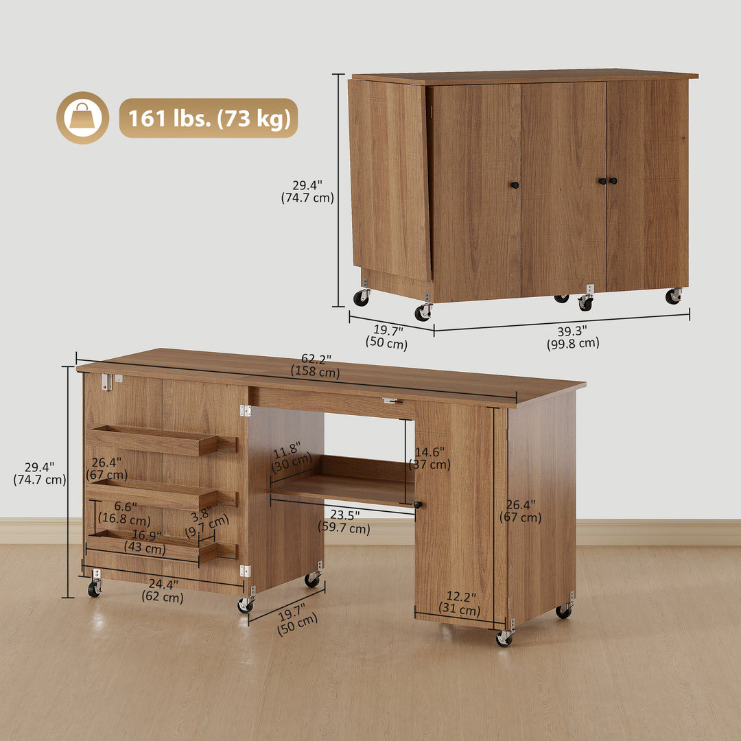 HOMCOM Sewing Machine Table with Drop Leaf, Folding Craft Table with 2 Doors and Adjustable Shelf for Small Spaces, Natural