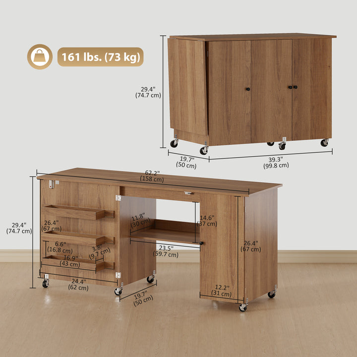 HOMCOM Sewing Machine Table with Drop Leaf, Folding Craft Table with 2 Doors and Adjustable Shelf for Small Spaces, Natural
