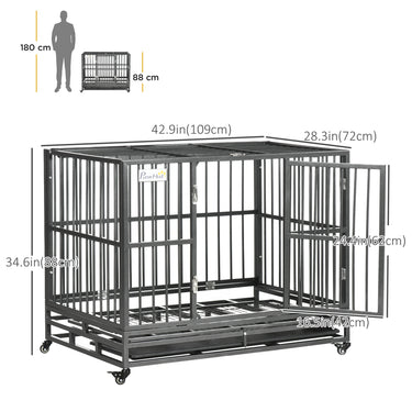PawHut 36" Heavy Duty Steel Dog Crate Kennel Pet Cage with Wheels for Convenient Access Anti-Pinching Floor, Grey