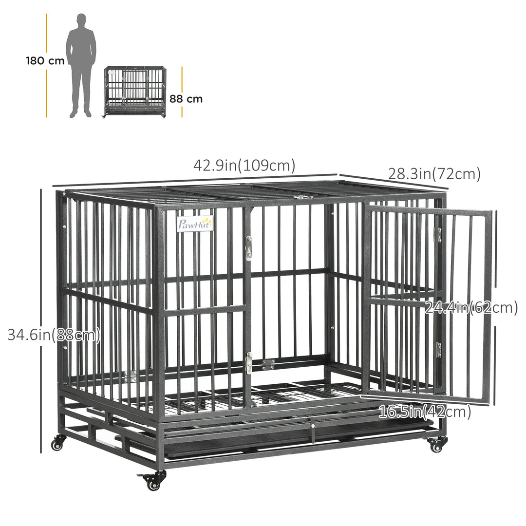 PawHut 36" Heavy Duty Steel Dog Crate Kennel Pet Cage with Wheels for Convenient Access Anti-Pinching Floor, Grey