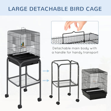 PawHut 44.5"H Metal Bird Cage Parrot Play Spot Stand with Wheel, Storage Shelf, Multi-doors - Black