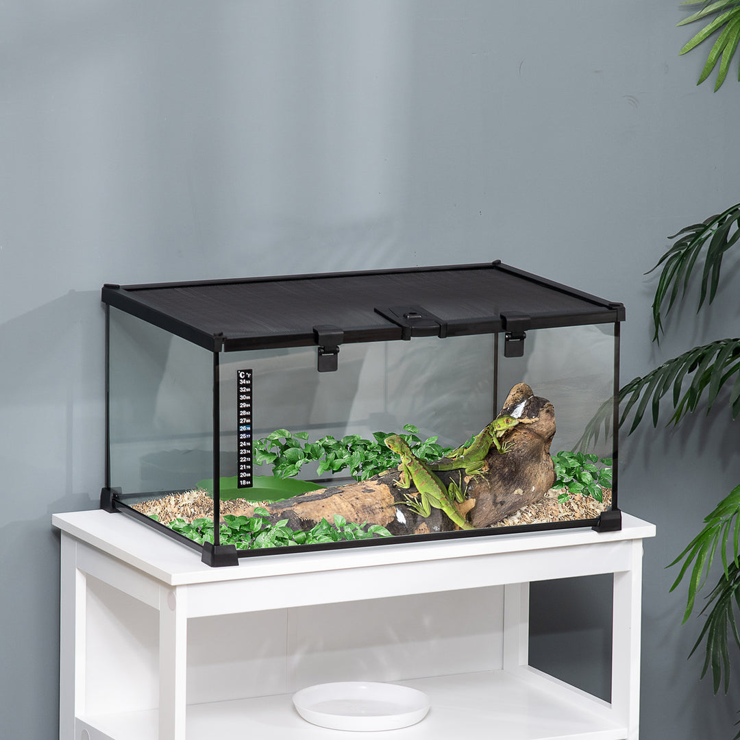 PawHut Glass Reptile Terrarium with Thermometer, Water Basin, Full View Visually for Lizards, Horned Frogs, Snakes, Spiders