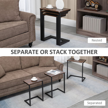 HOMCOM Nesting End Tables Set of 3, Industrial C-Shaped Snack Side Table with Steel Frame for Sofa Couch, Bed, Living Room, Rustic Brown