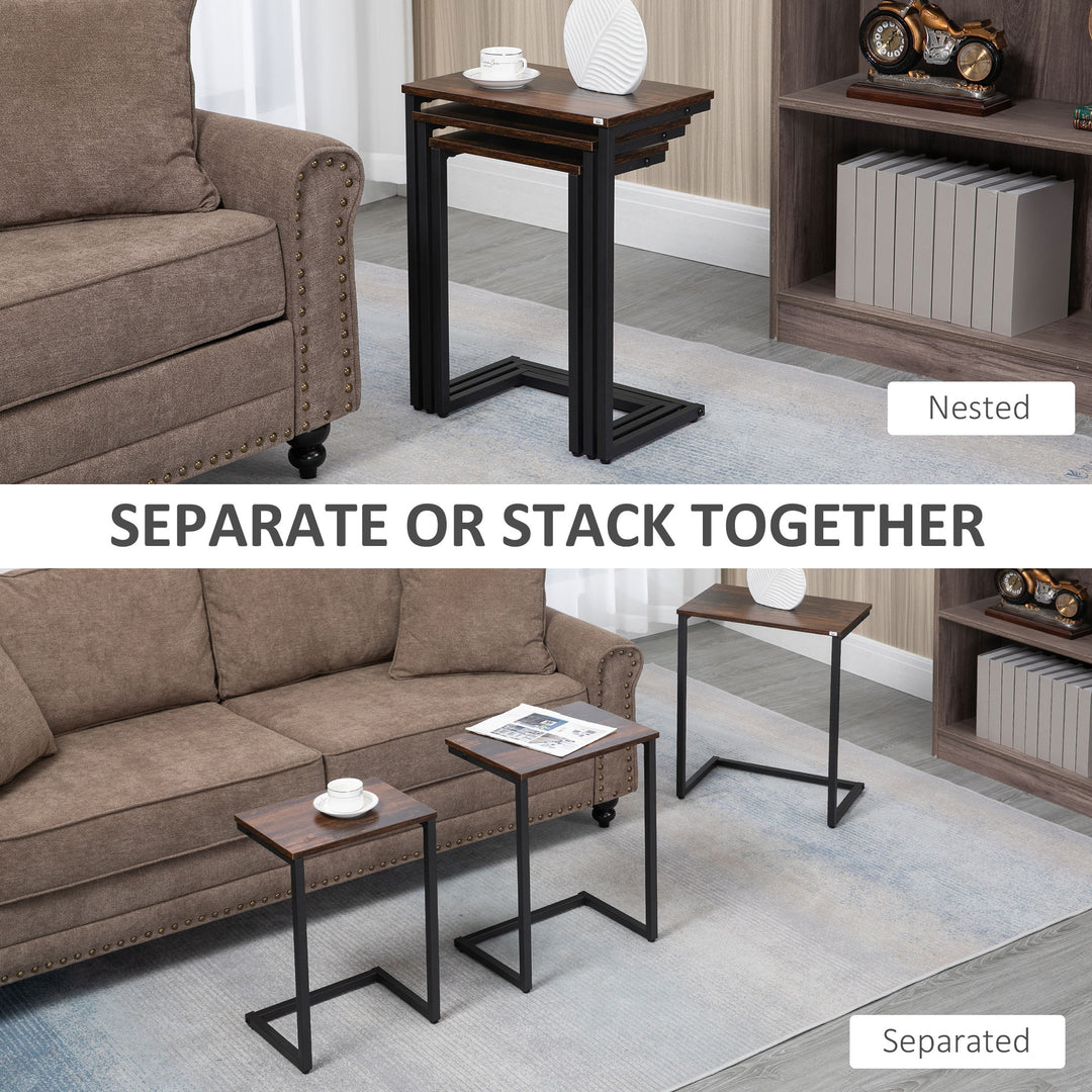 HOMCOM Nesting End Tables Set of 3, Industrial C-Shaped Snack Side Table with Steel Frame for Sofa Couch, Bed, Living Room, Rustic Brown