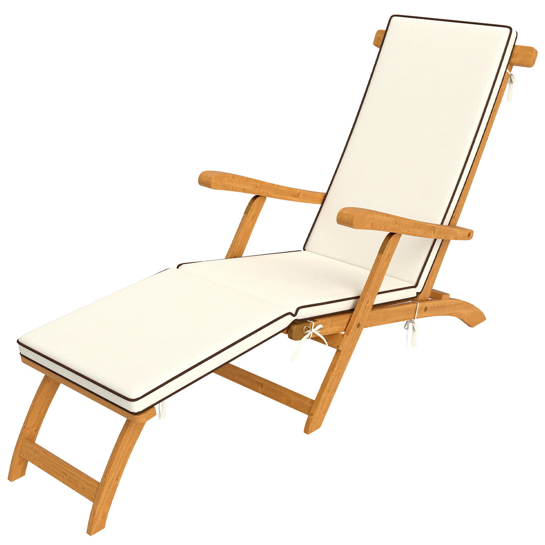Outsunny Folding Patio Lounge Chair with Padded Cushion, Acacia Wood Patio Lounger Recliner with Footrest for Garden, White