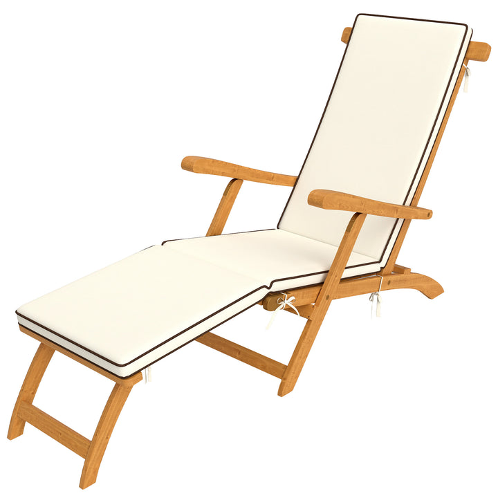 Outsunny Folding Patio Lounge Chair with Padded Cushion, Acacia Wood Patio Lounger Recliner with Footrest for Garden, White