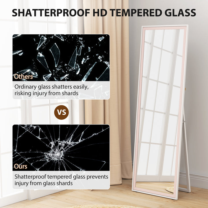 HOMCOM 64" x 21" Full Length Mirror, Rectangular Full Body Mirror with Frame, Standing, Hanging or Leaning, White and Pink