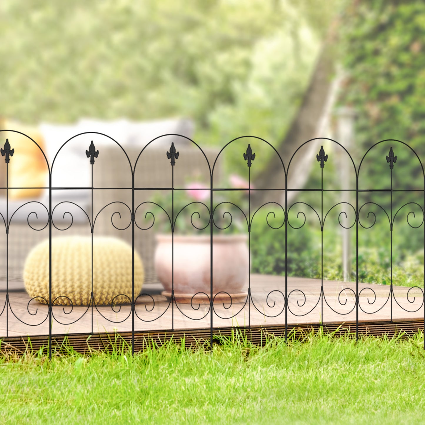 Outsunny Outdoor Metal Garden Fence Panels, Animal Barrier & Border Edging for Yard, Patio, 8 Pack, Scrollworks and Spears