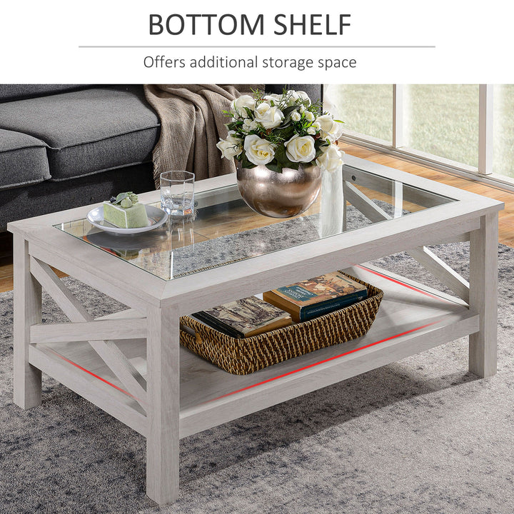 HOMCOM Farmhouse Coffee Table with Tempered Glass Table Top, 2-tier Center Table with Bottom Storage Shelf for Living Room, Bedroom