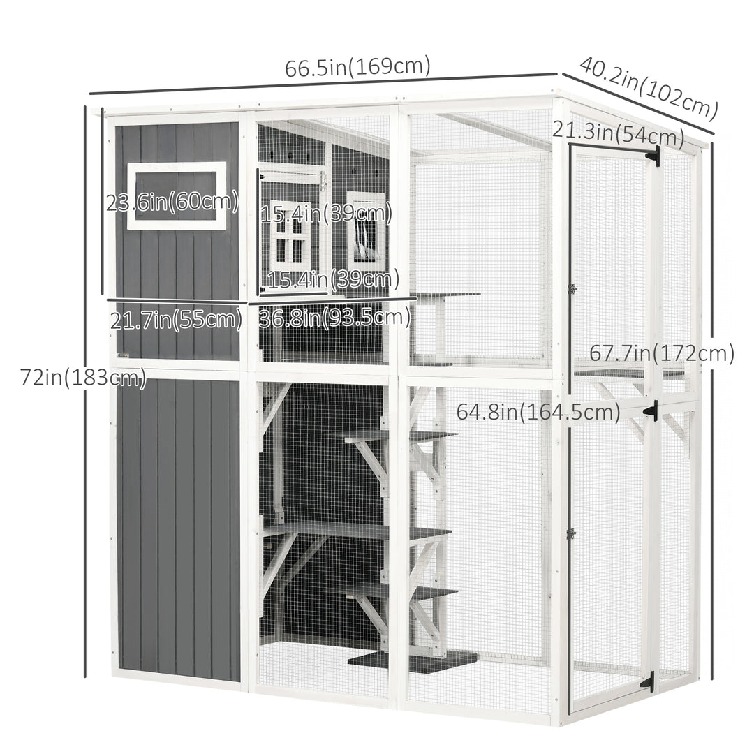 PawHut Wooden Cat Catio, 66.5"L Walk in Outdoor Cat House with PVC Weather Protection Roof, Multiple Platforms, Lockable Doors, Resting Condo, Observation Window, for 2 Cats