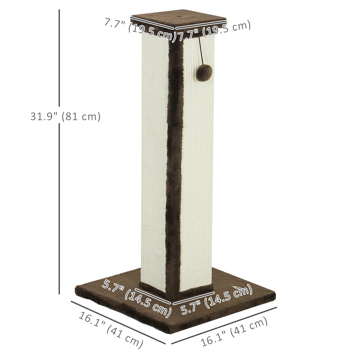 PawHut 32" Tall Cat Scratching Post for Indoor Cats and Kittens, Sisal Cat Scratcher with Hanging Ball Soft Plush, Grey