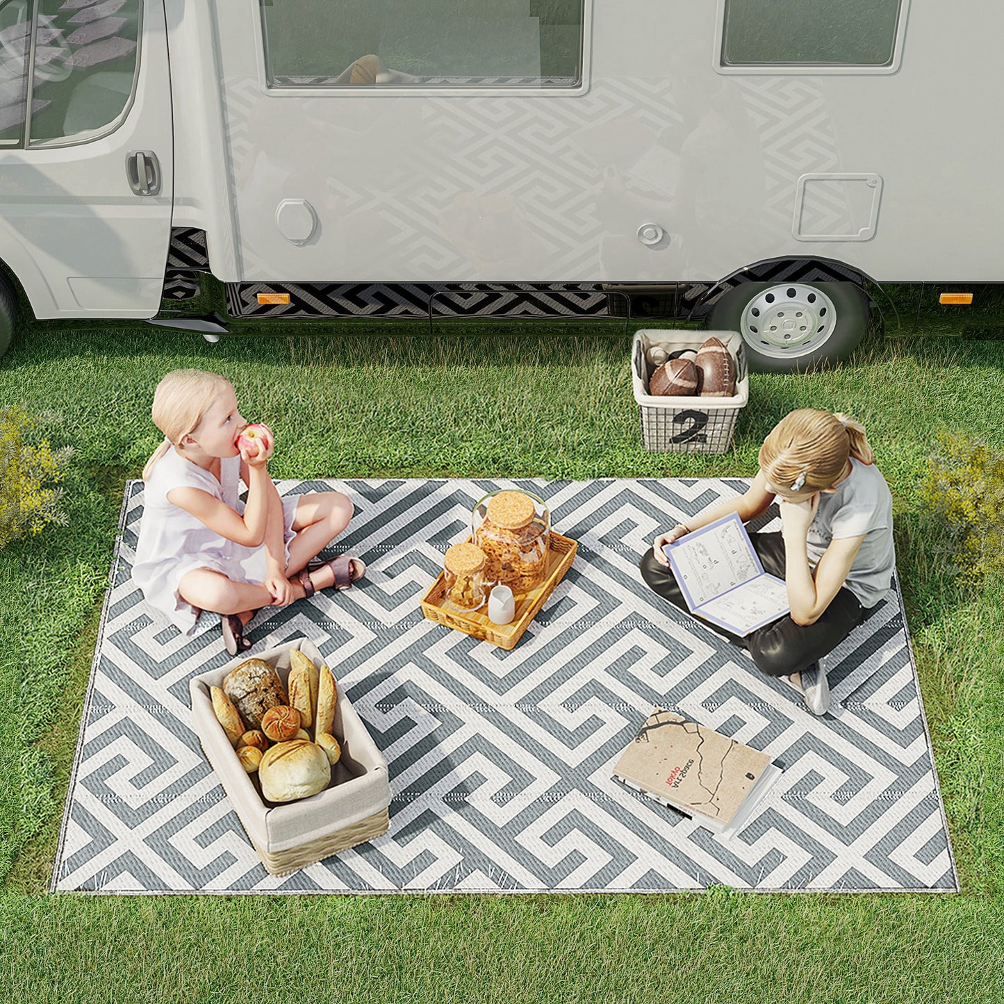 Outsunny Reversible Outdoor RV Rug, Patio Floor Mat, 5' x 8' Plastic Straw Rug for Backyard, Deck, Beach, Camping, Black & White