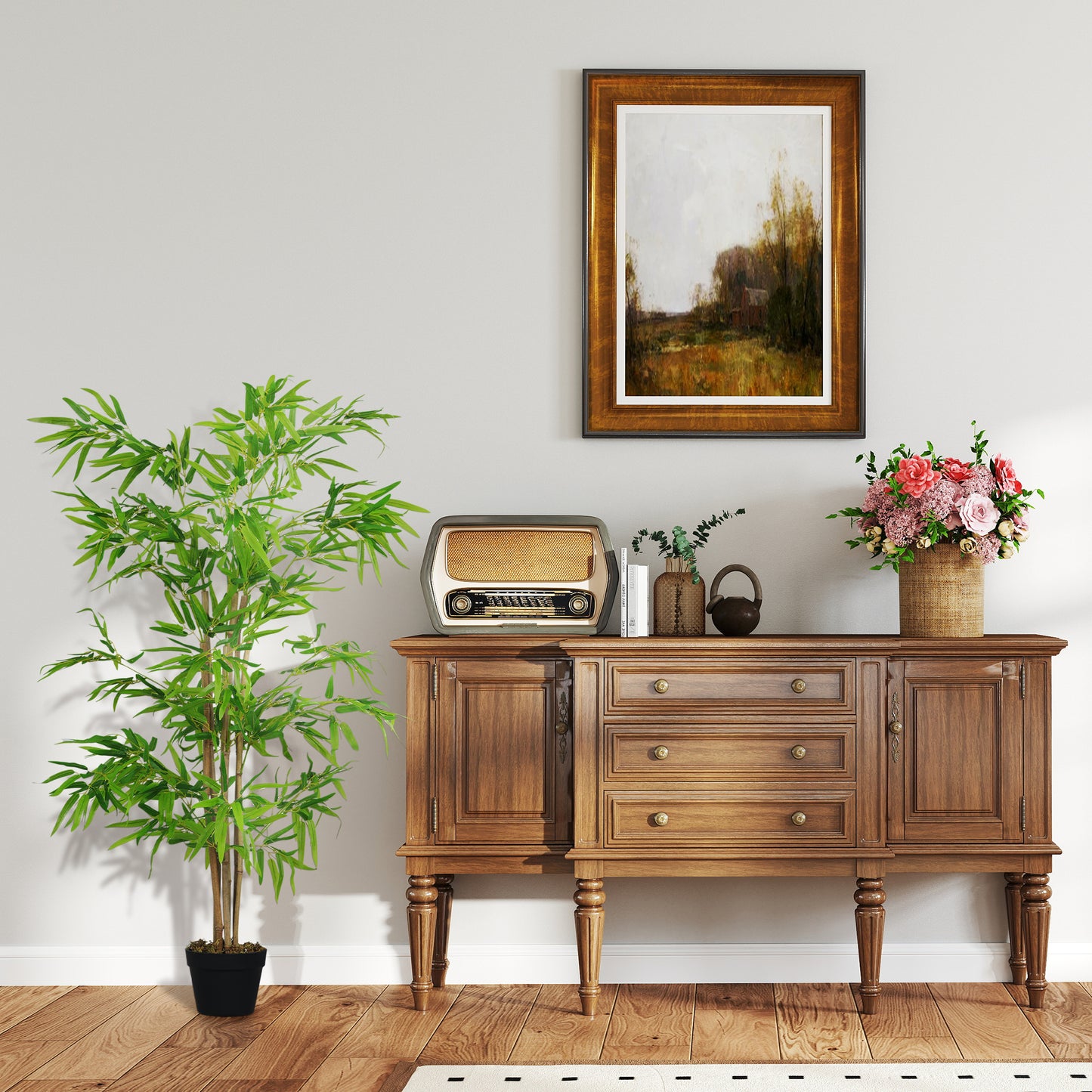 Outsunny Artificial Bamboo Tree, 4ft Fake Tree with Realistic Leaf and Natural Trunk, Decorative Plant in Nursery