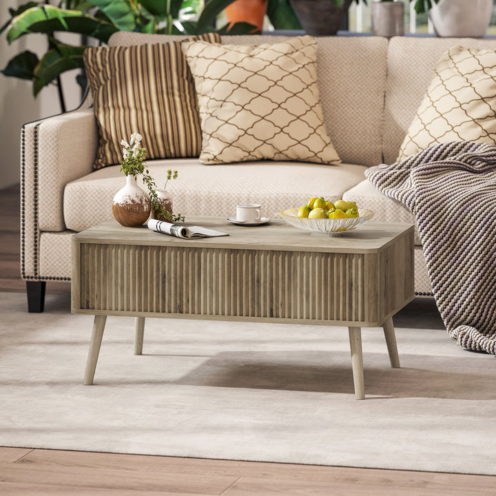 HOMCOM Lift Top Coffee Table with Storage, Center Table with Hidden Compartments and Pine Wood Legs for Living Room, Oak